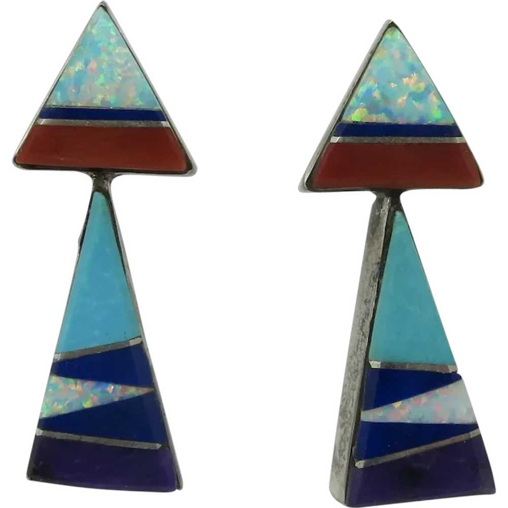 Native American Inlaid Sterling Silver Earrings Z… - image 1