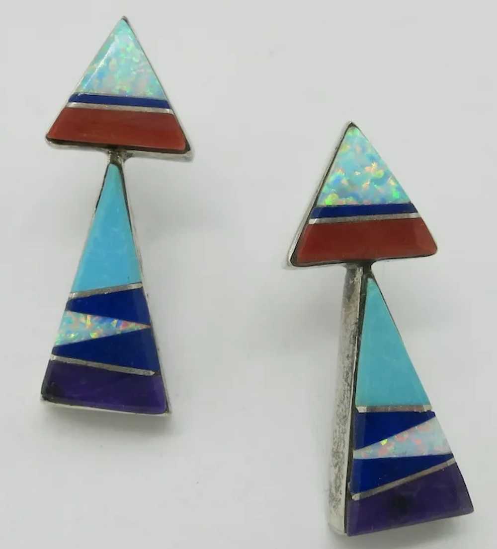 Native American Inlaid Sterling Silver Earrings Z… - image 2