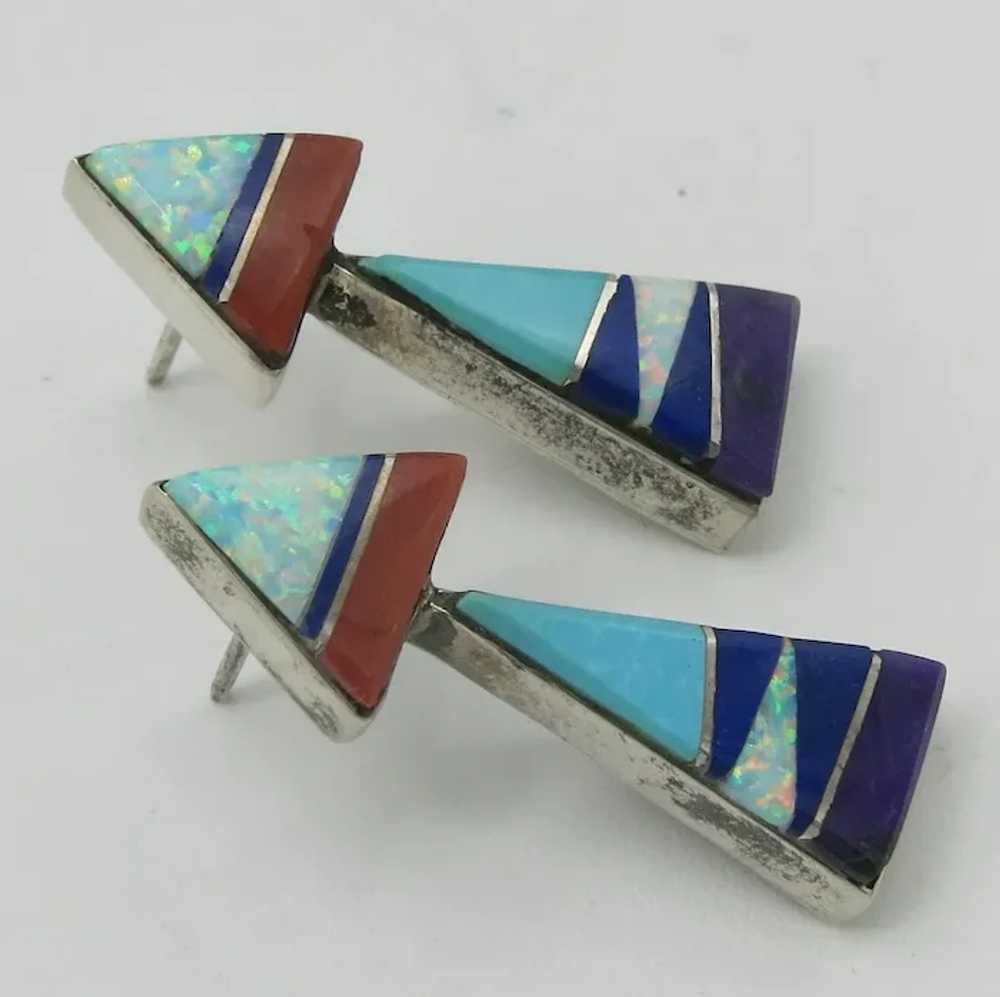 Native American Inlaid Sterling Silver Earrings Z… - image 3