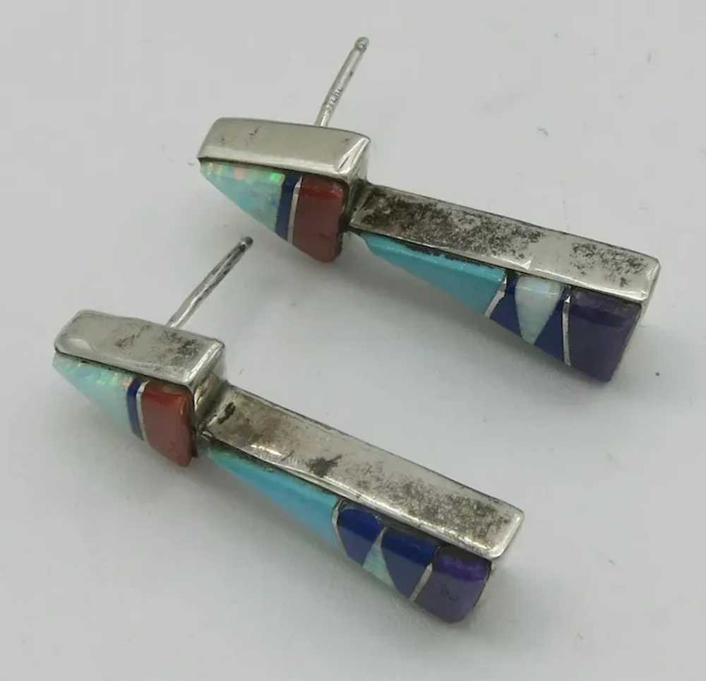Native American Inlaid Sterling Silver Earrings Z… - image 4
