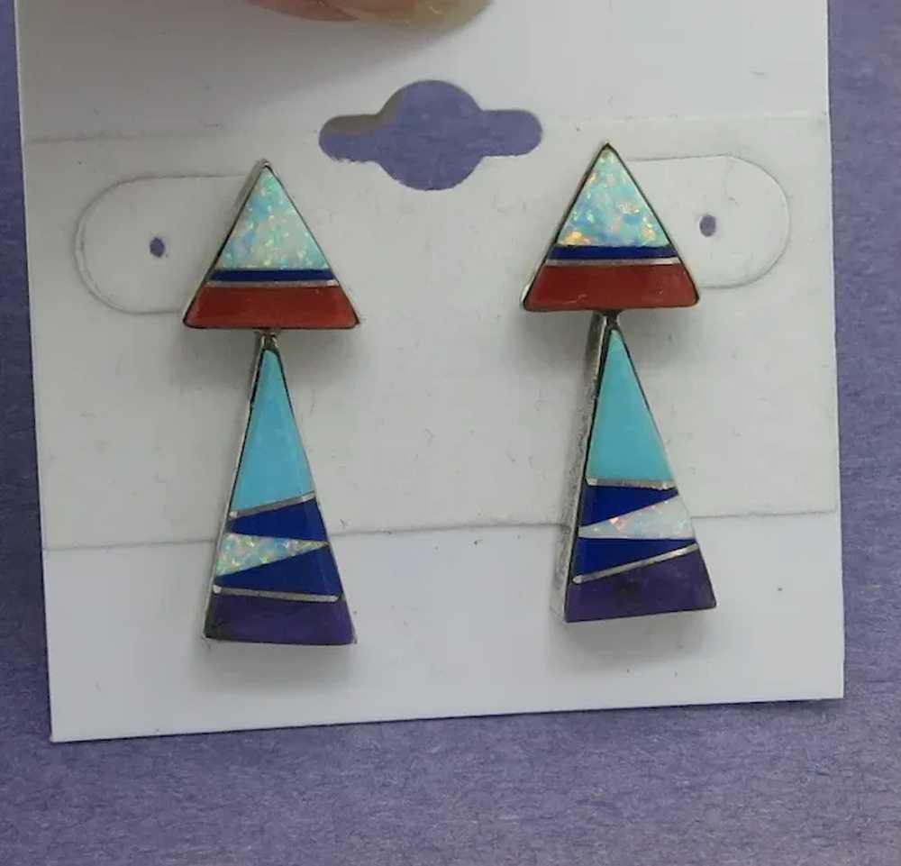 Native American Inlaid Sterling Silver Earrings Z… - image 5