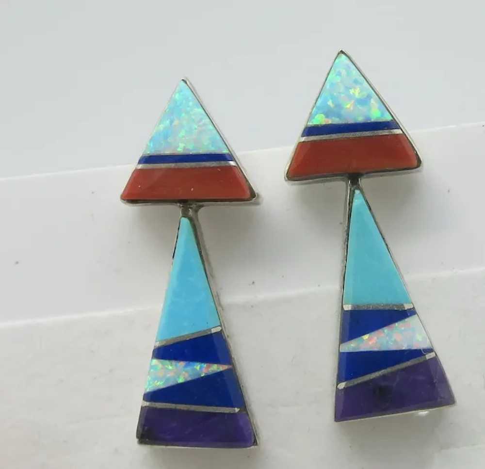 Native American Inlaid Sterling Silver Earrings Z… - image 6
