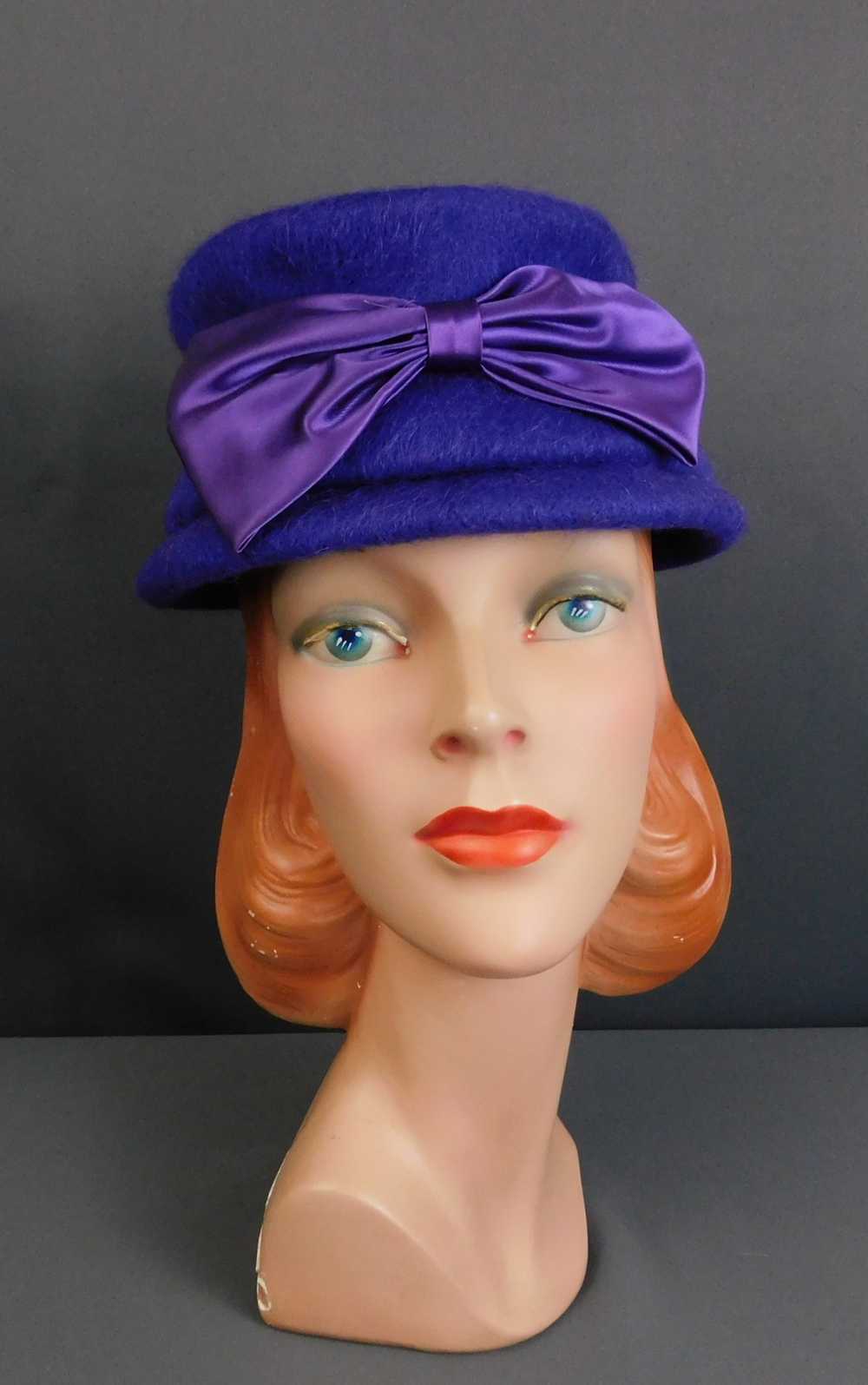 Vintage Purple Fuzzy Felt Hat with Satin Bow 1960… - image 1