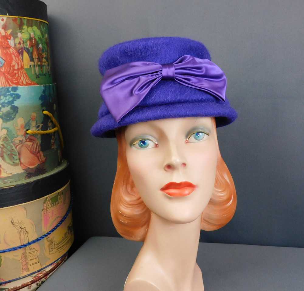 Vintage Purple Fuzzy Felt Hat with Satin Bow 1960… - image 2