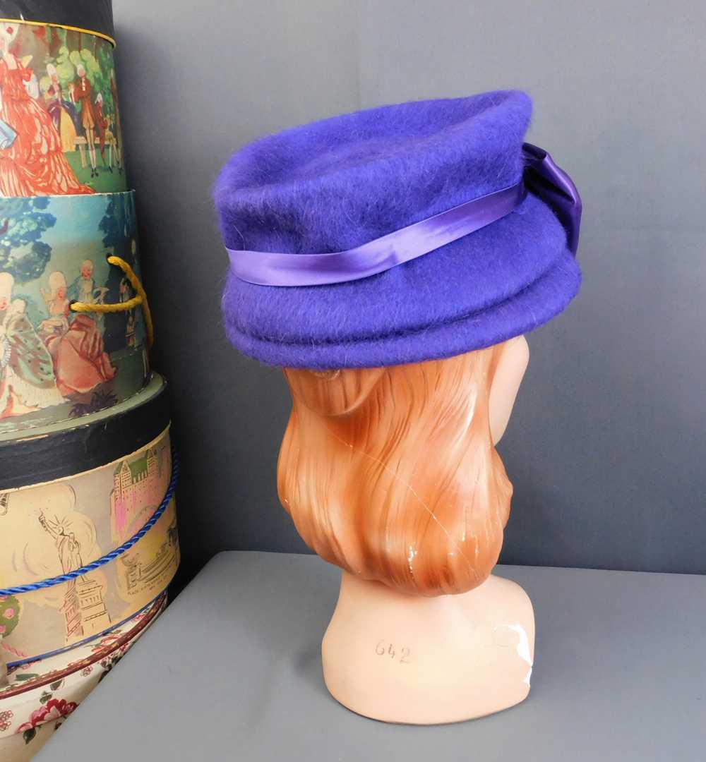 Vintage Purple Fuzzy Felt Hat with Satin Bow 1960… - image 7