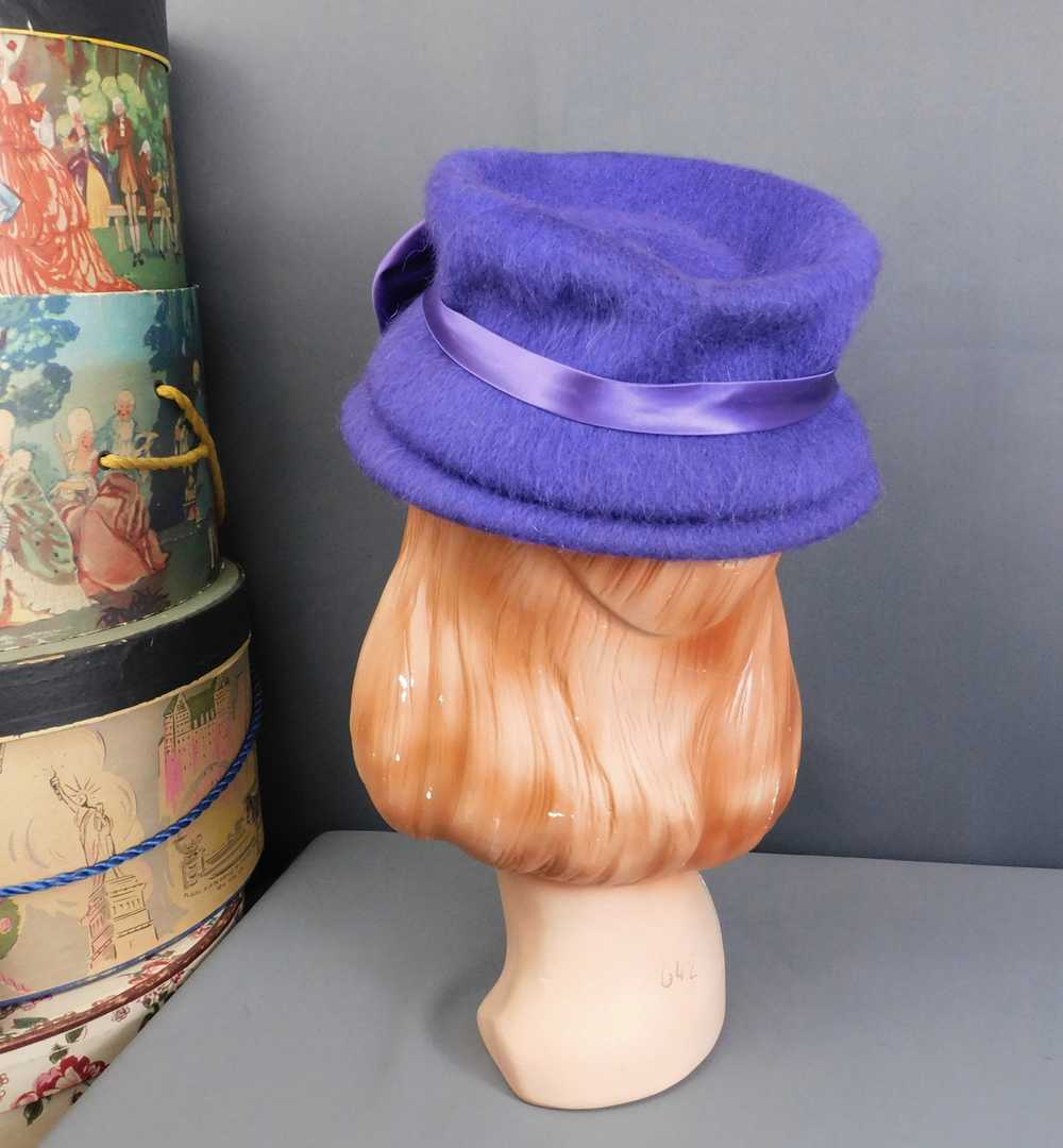 Vintage Purple Fuzzy Felt Hat with Satin Bow 1960… - image 9