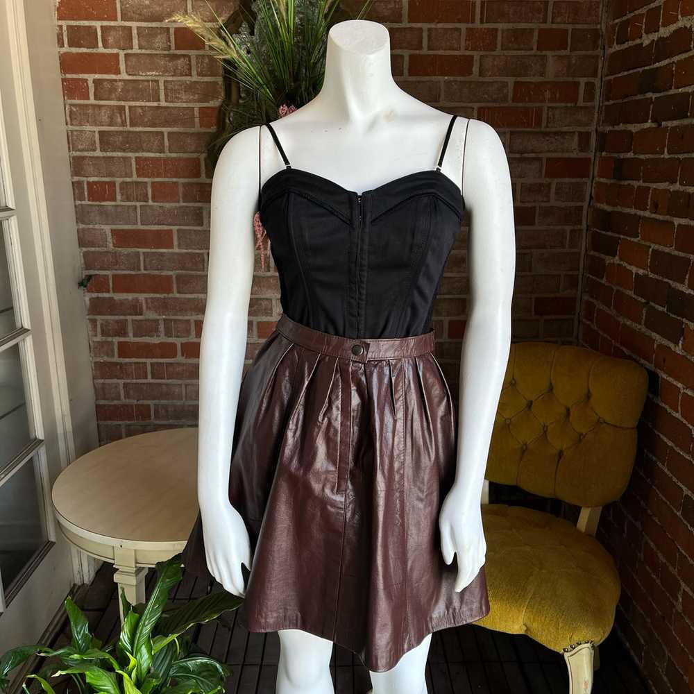 1970s Chocolate Leather Pleaded Mini Skirt - image 1