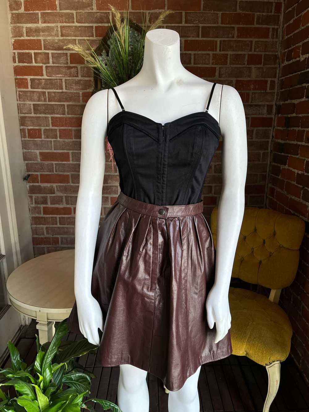 1970s Chocolate Leather Pleaded Mini Skirt - image 2