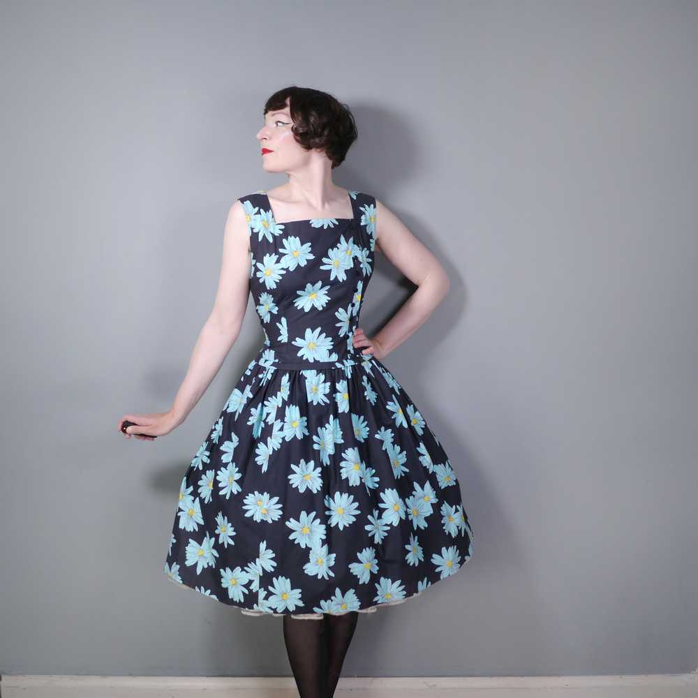 50s CALIFORNIA COTTONS BLACK DRESS WITH BRIGHT BL… - image 1
