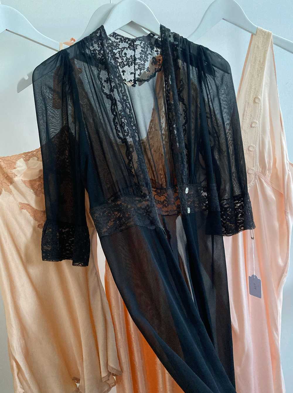 1930s Black Chiffon Robe with Floral Lace - Gorge… - image 1