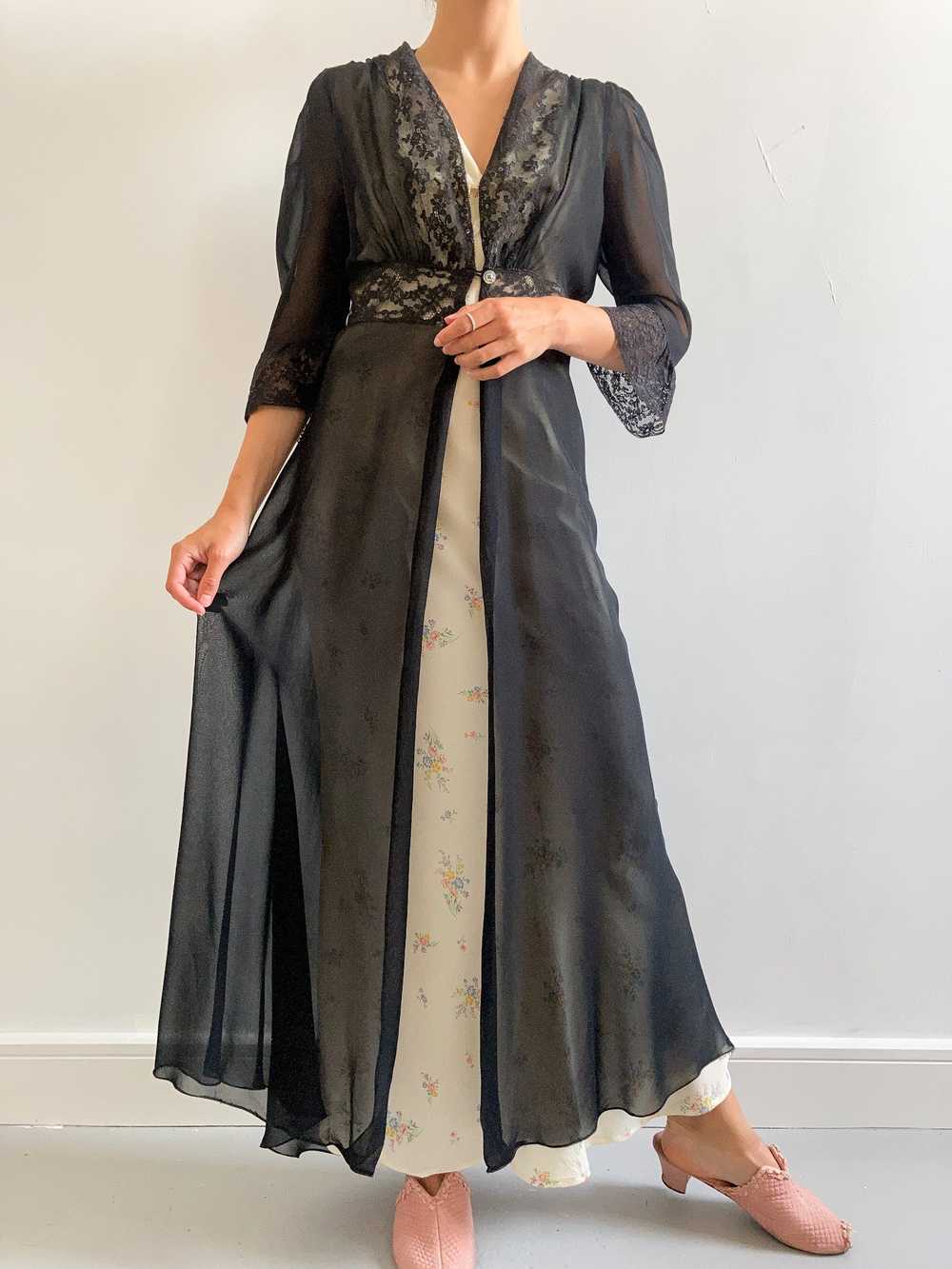 1930s Black Chiffon Robe with Floral Lace - Gorge… - image 2