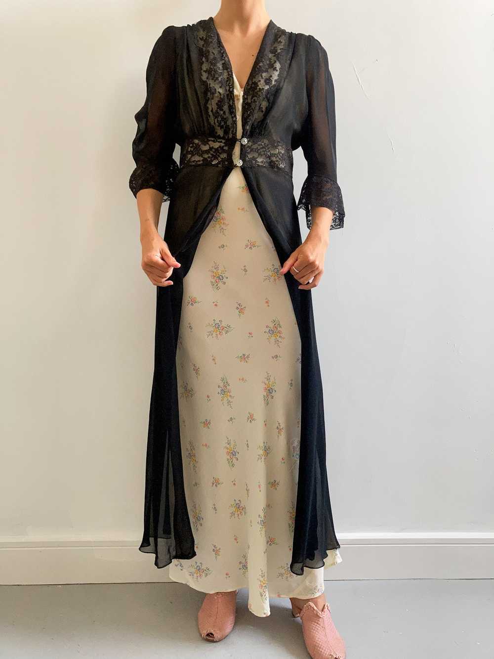 1930s Black Chiffon Robe with Floral Lace - Gorge… - image 3
