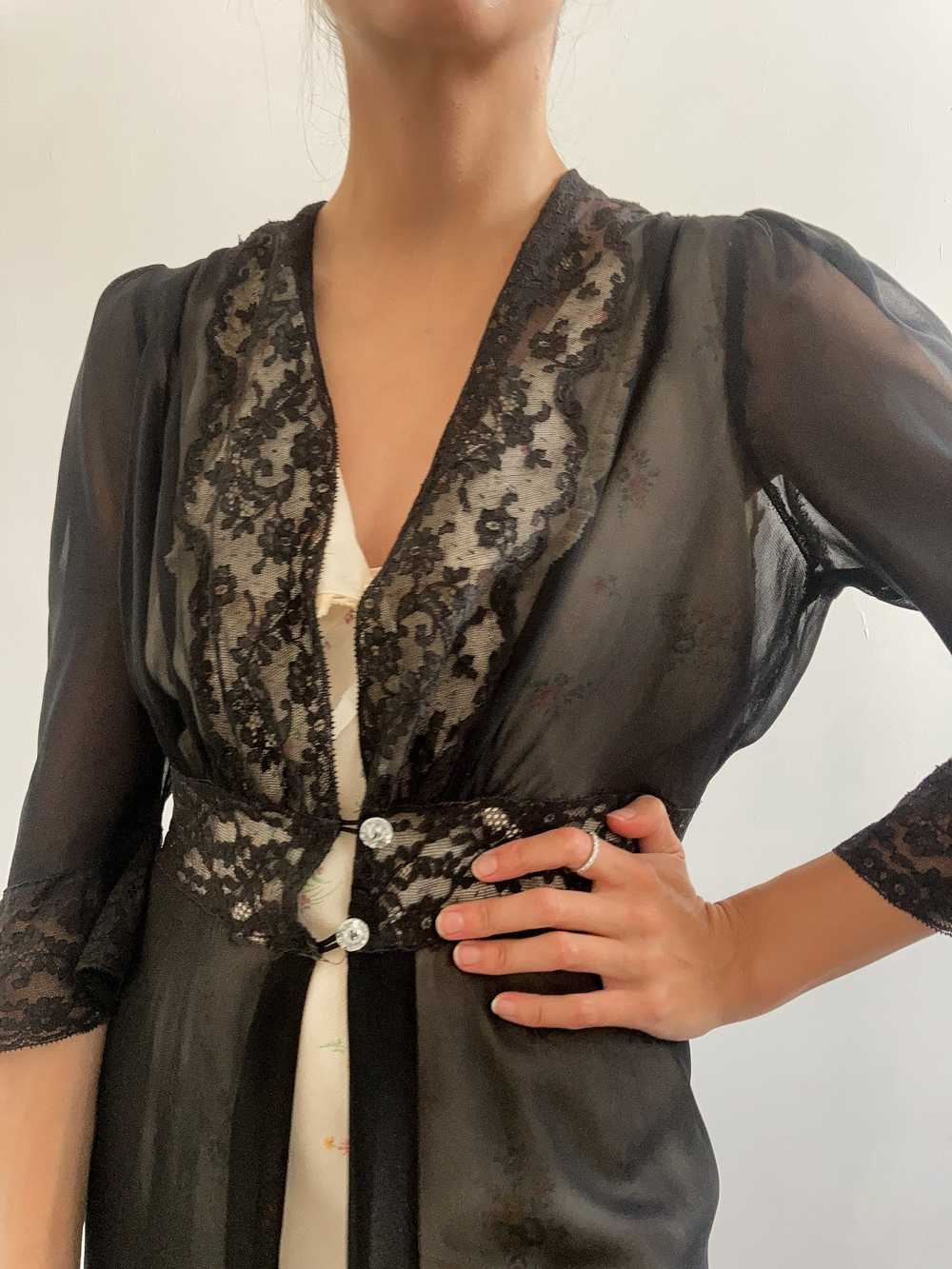 1930s Black Chiffon Robe with Floral Lace - Gorge… - image 4