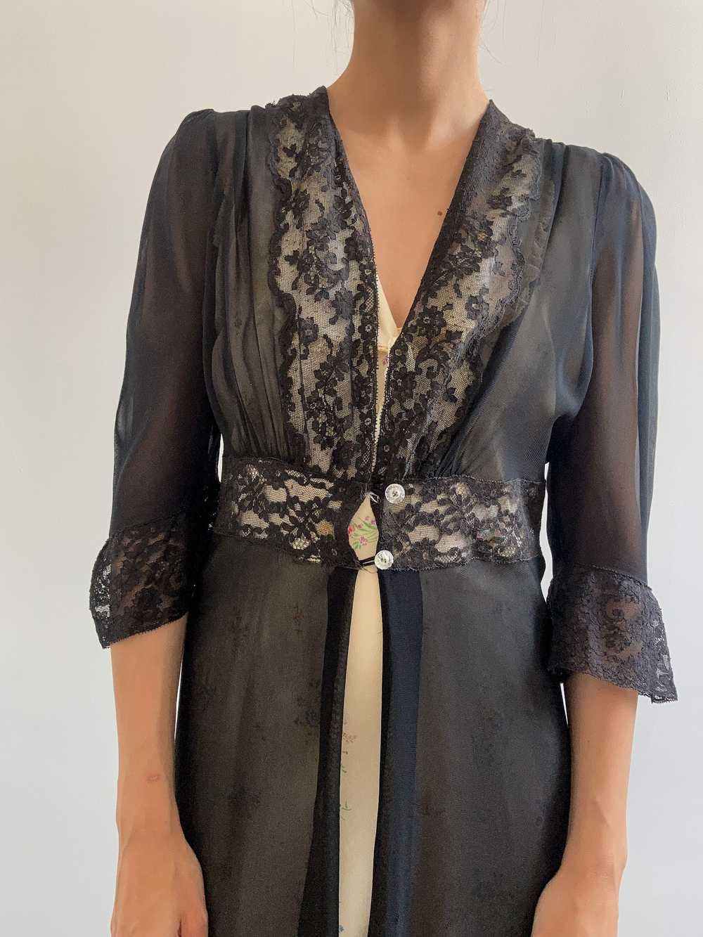 1930s Black Chiffon Robe with Floral Lace - Gorge… - image 5