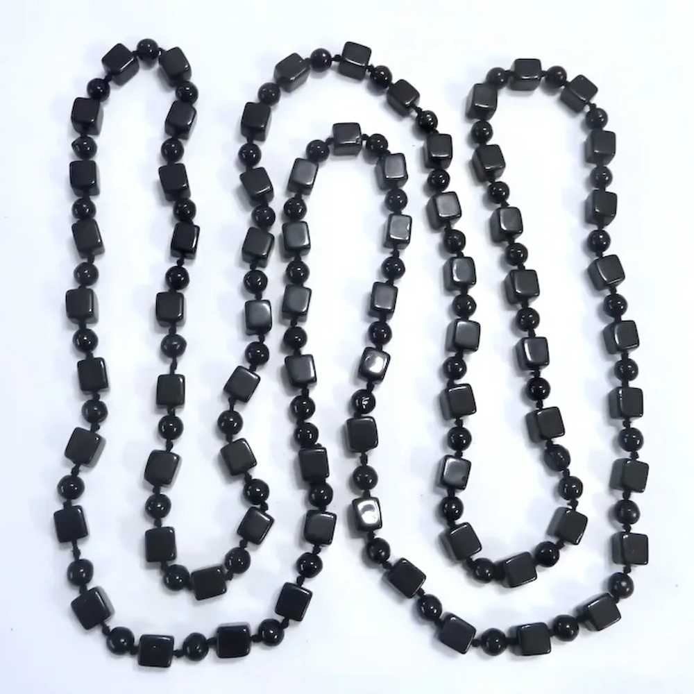 Square & Round Black Glass Bead Necklace Hand Kno… - image 2