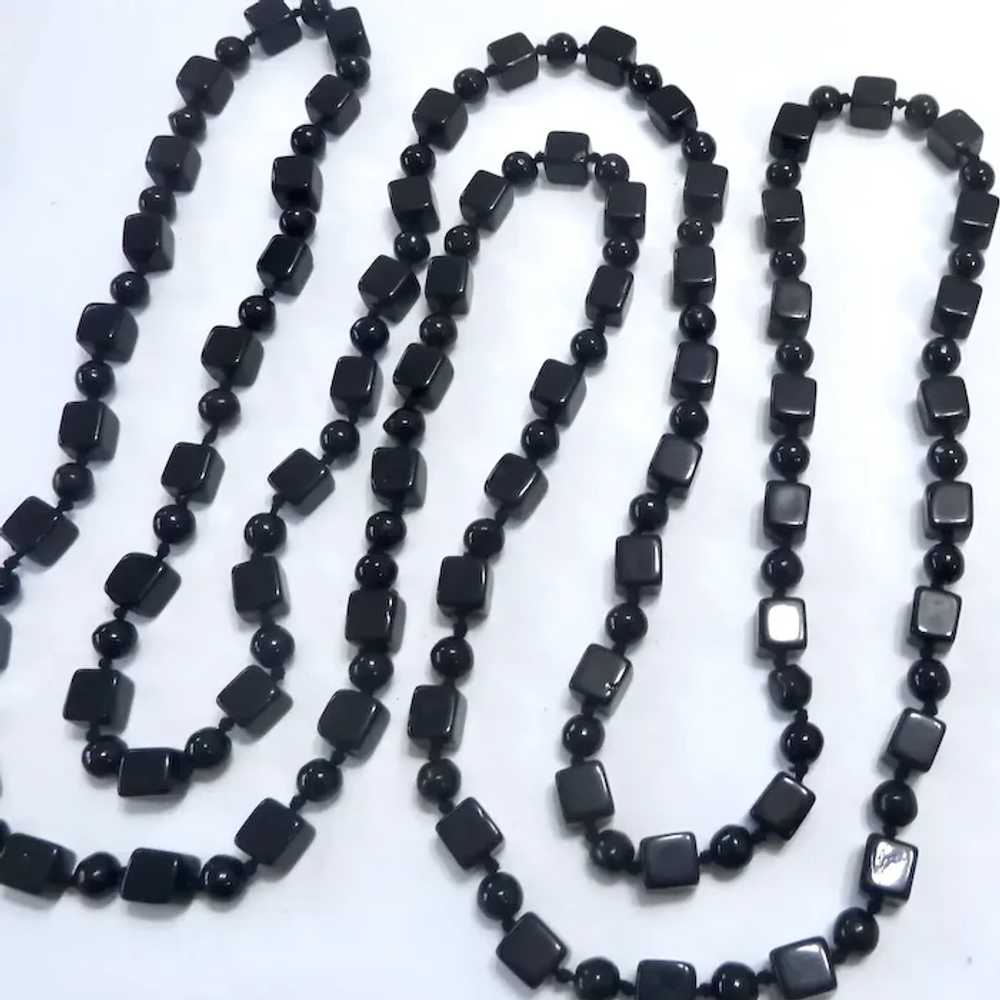 Square & Round Black Glass Bead Necklace Hand Kno… - image 3