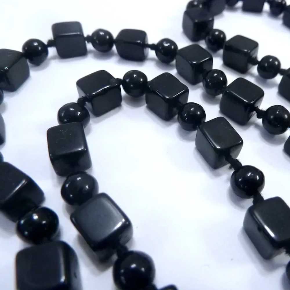 Square & Round Black Glass Bead Necklace Hand Kno… - image 4