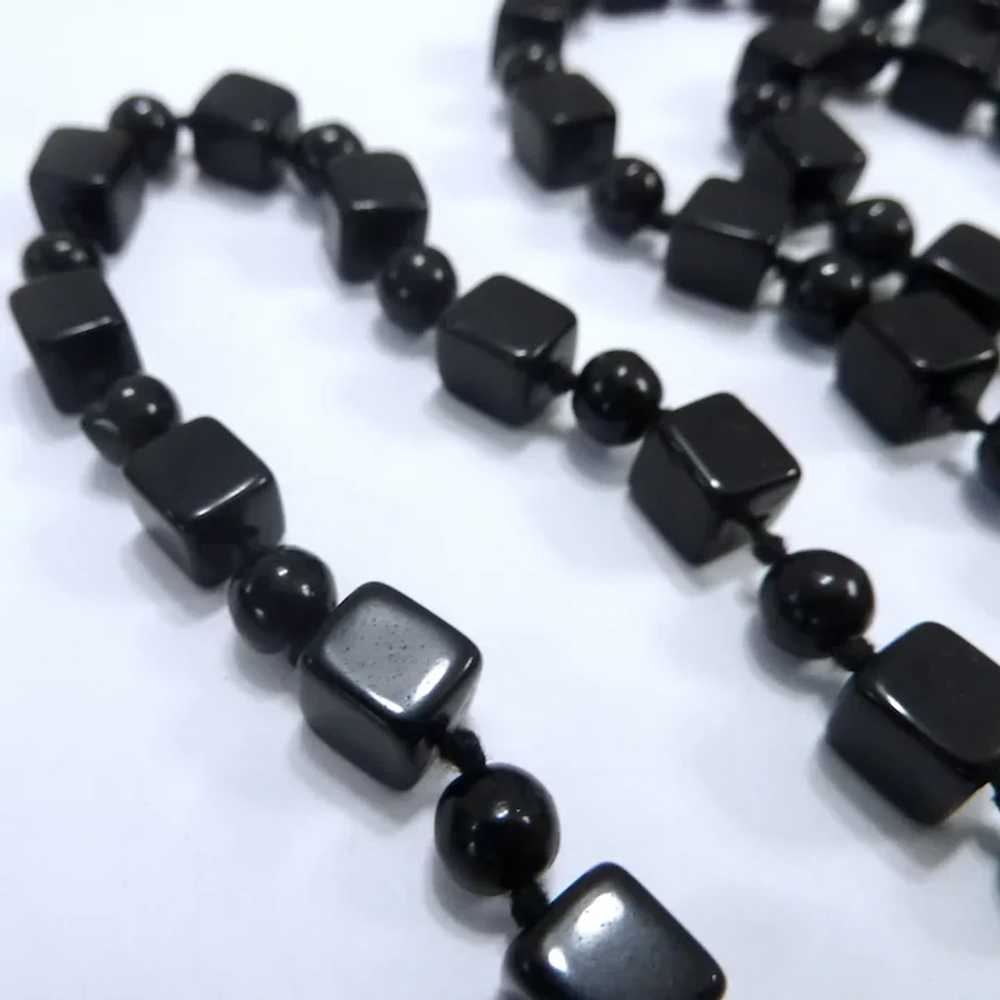 Square & Round Black Glass Bead Necklace Hand Kno… - image 7