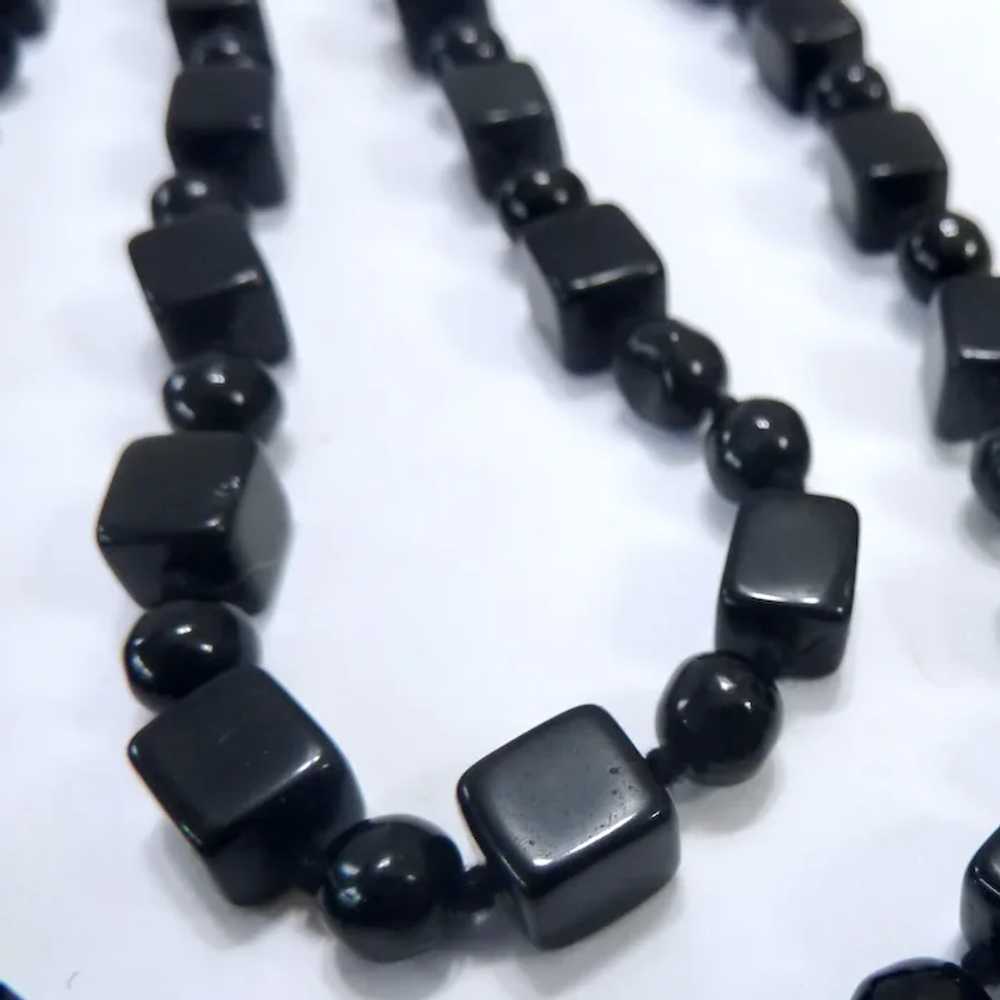 Square & Round Black Glass Bead Necklace Hand Kno… - image 8