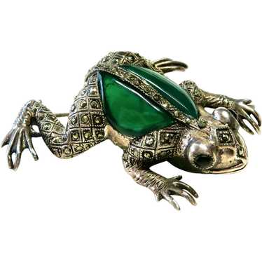 Art Deco Chrysoprase Sterling Large Frog Brooch/P… - image 1