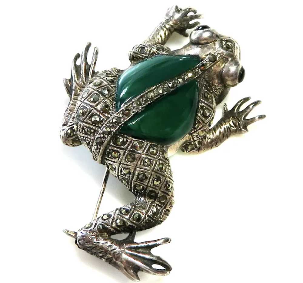 Art Deco Chrysoprase Sterling Large Frog Brooch/P… - image 6