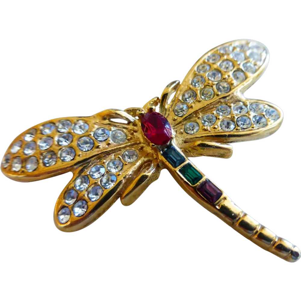 ROMAN Signed Rhinestone Dragonfly Brooch Pin - image 1