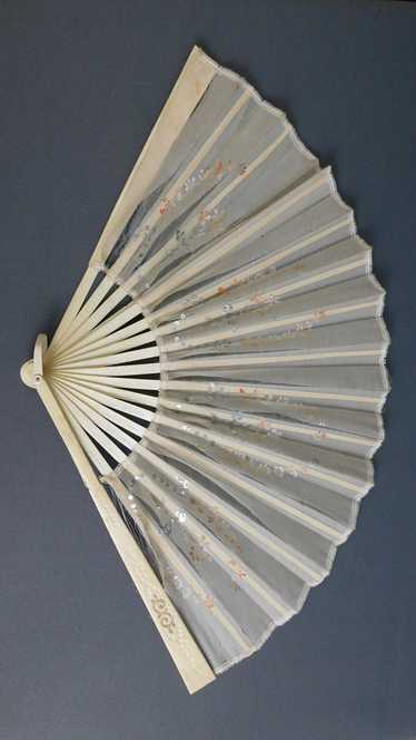 Vintage Sheer Hand Fan with Hand Painted Flowers … - image 1