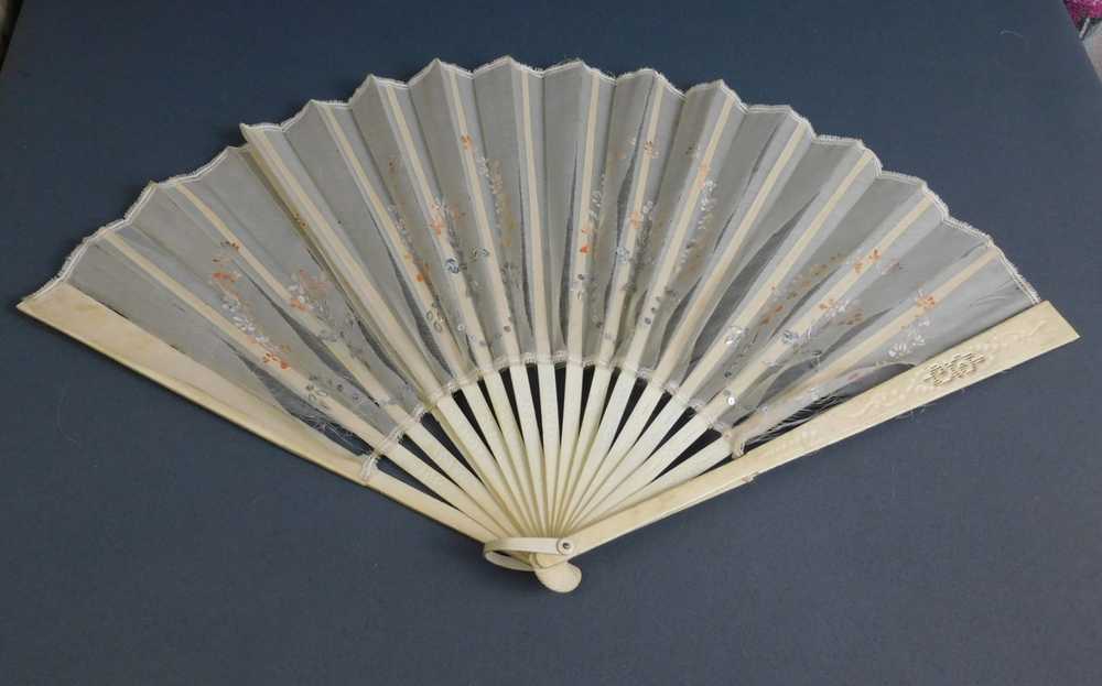 Vintage Sheer Hand Fan with Hand Painted Flowers … - image 2