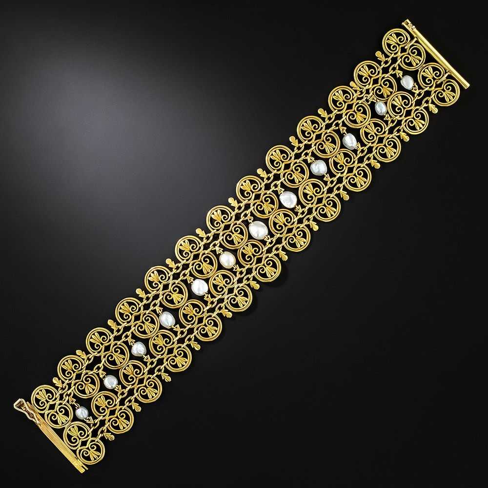 French Import Wide Gold and Natural Pearl Bracele… - image 1