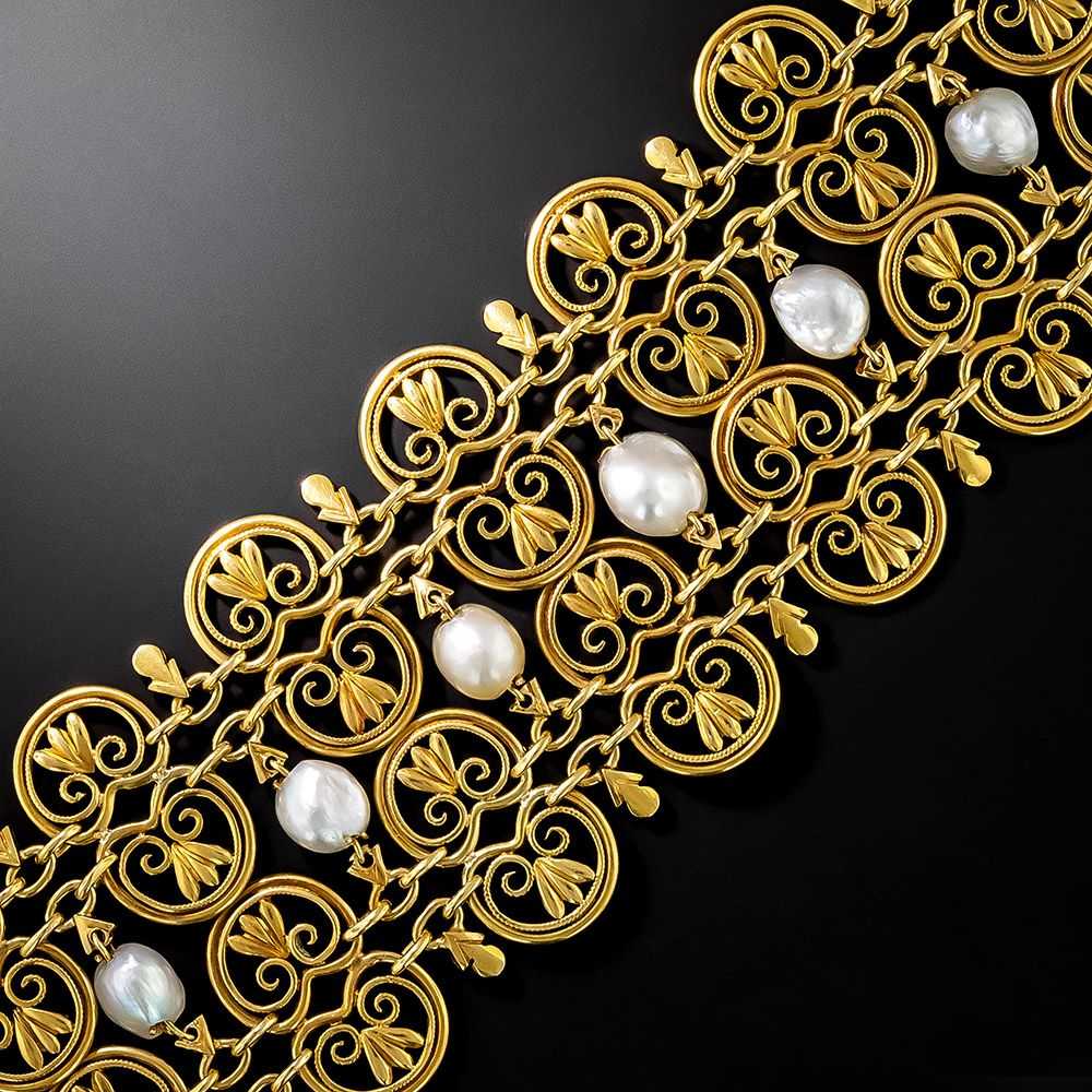 French Import Wide Gold and Natural Pearl Bracele… - image 2