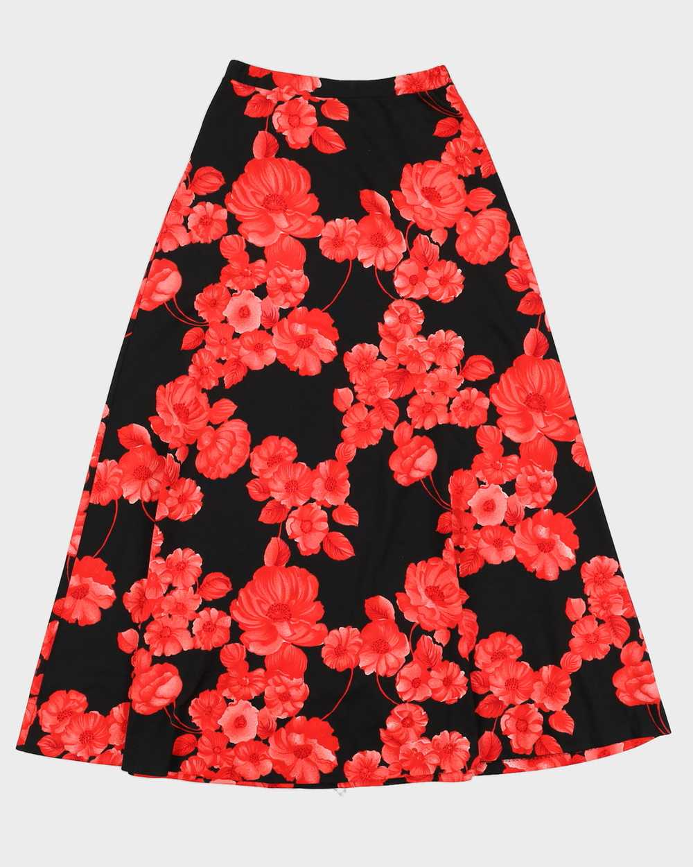 Vintage 80s Tan Jay Black & Red Floral Midi Skirt… - image 1