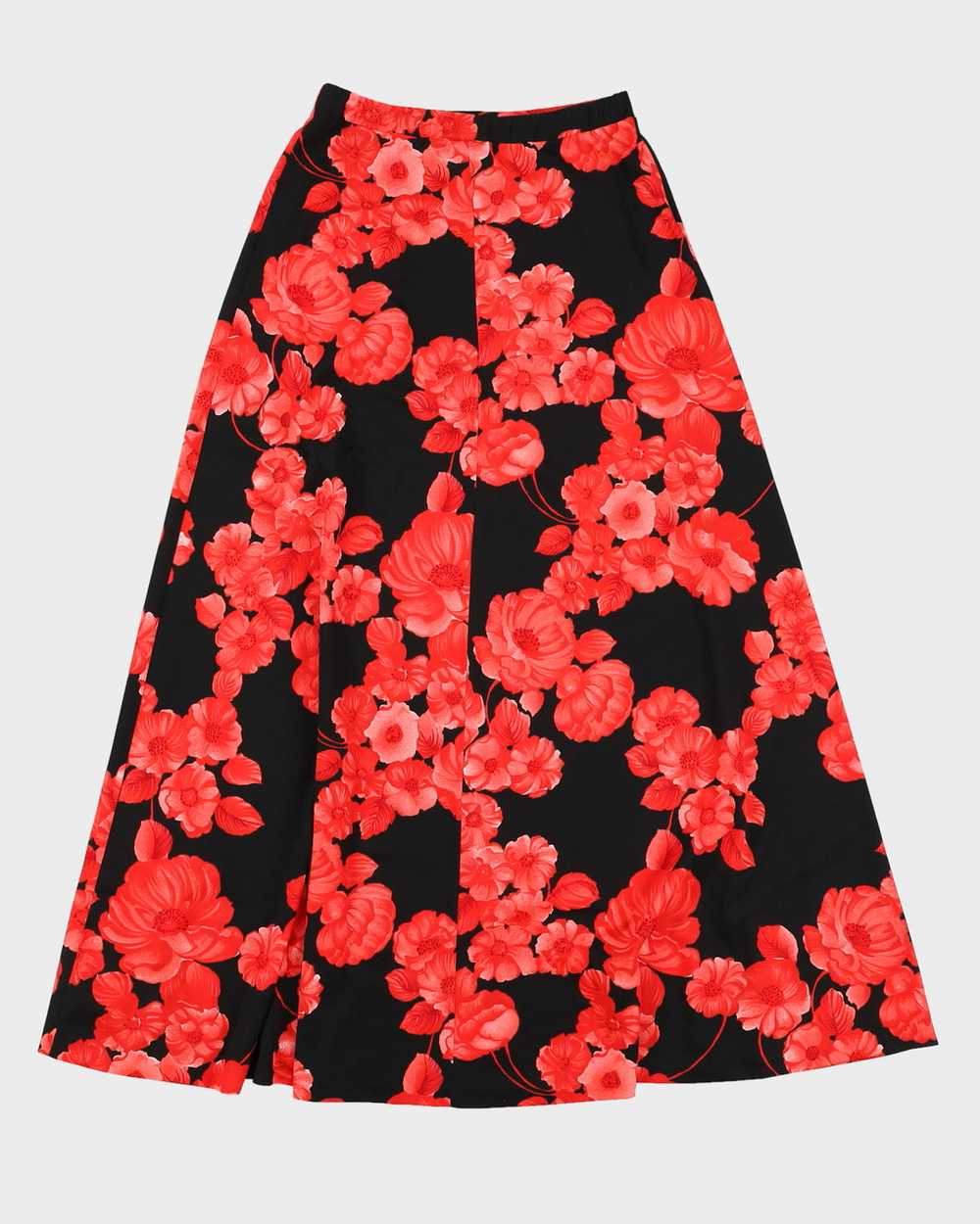 Vintage 80s Tan Jay Black & Red Floral Midi Skirt… - image 2