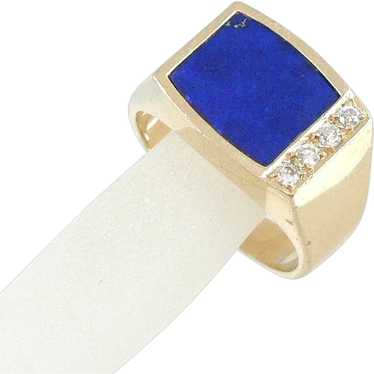 14K Gold Lapis Diamonds Gents Unisex Ring - image 1