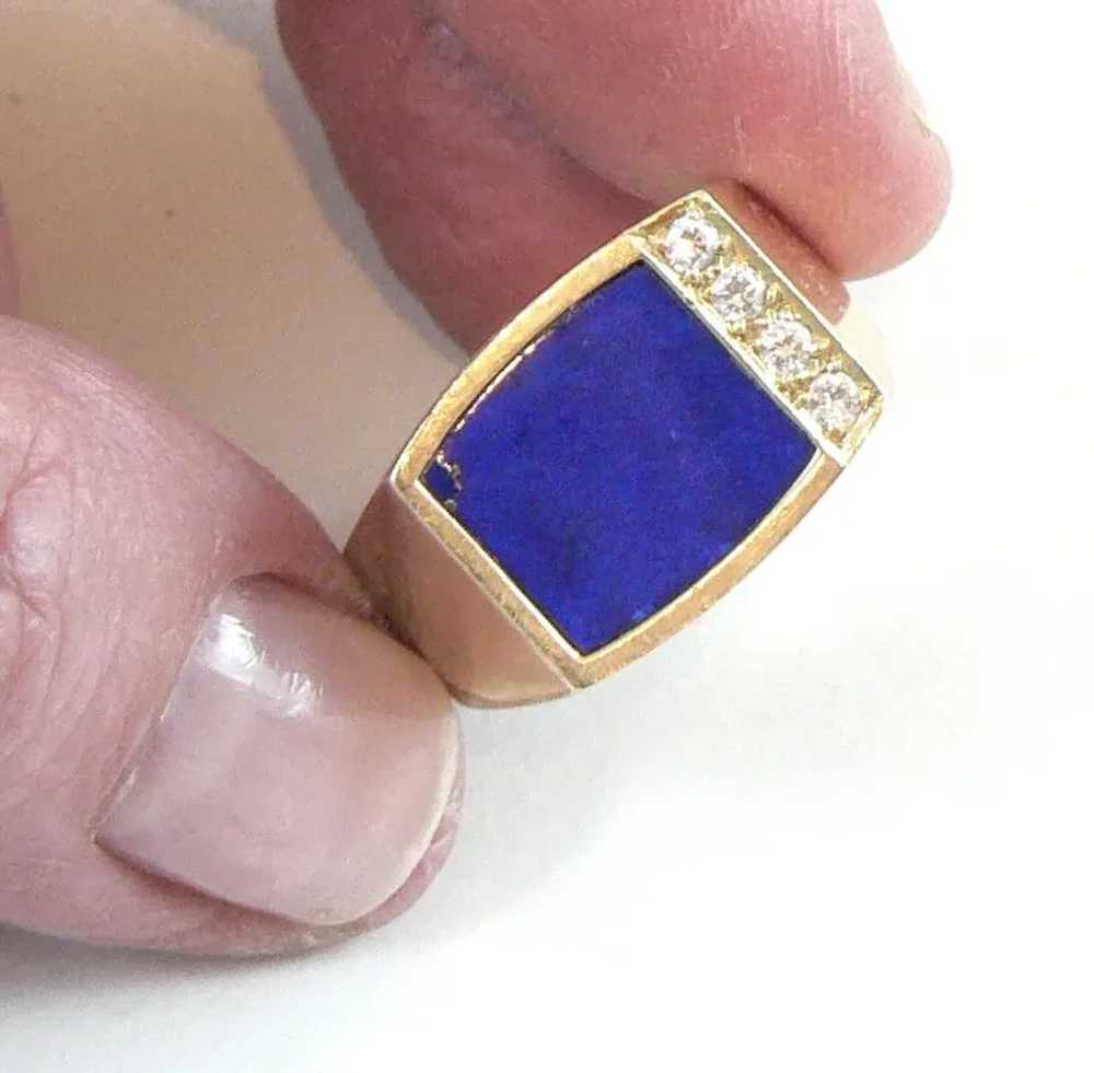 14K Gold Lapis Diamonds Gents Unisex Ring - image 2