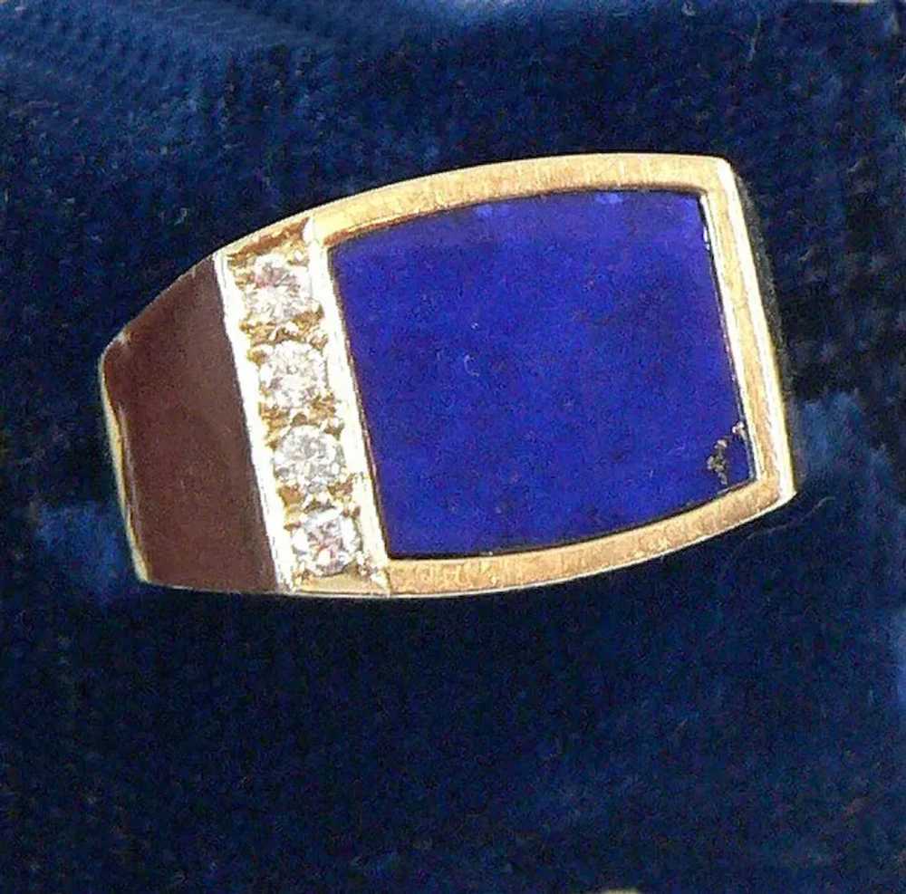 14K Gold Lapis Diamonds Gents Unisex Ring - image 3