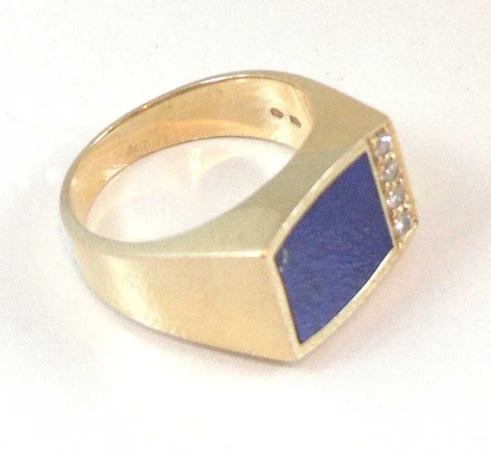 14K Gold Lapis Diamonds Gents Unisex Ring - image 4