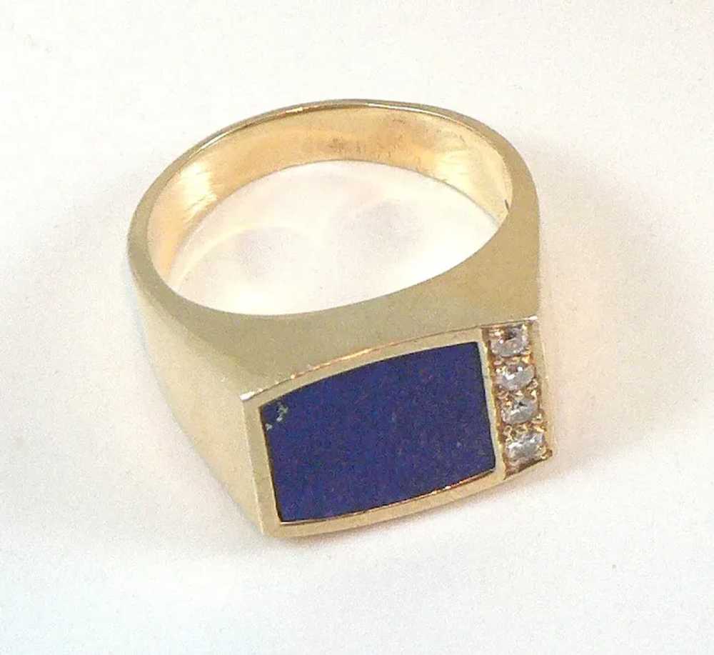 14K Gold Lapis Diamonds Gents Unisex Ring - image 5