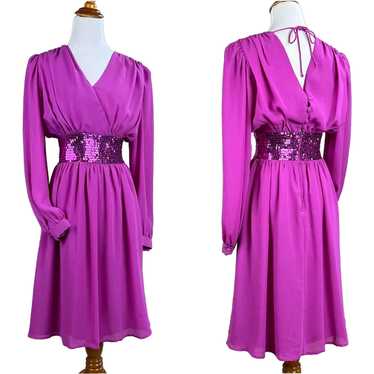 80s Magenta Chiffon and Sequin Party Dress by Act… - image 1