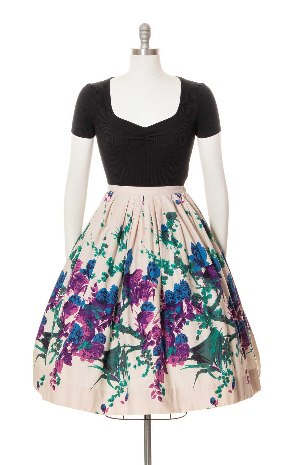 1950s Floral Border Print Cotton Skirt | medium - image 3