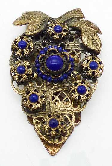 Czech Brass Filigree Lapis Glass Dress Clip