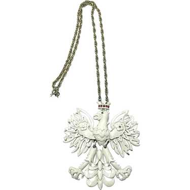 Vintage White Enamel Eagle Pendant Necklace - image 1
