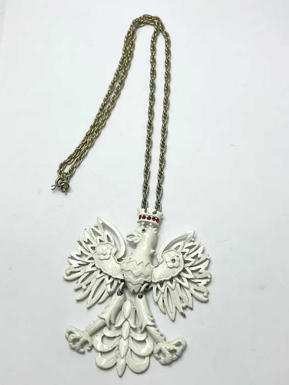 Vintage White Enamel Eagle Pendant Necklace - image 2