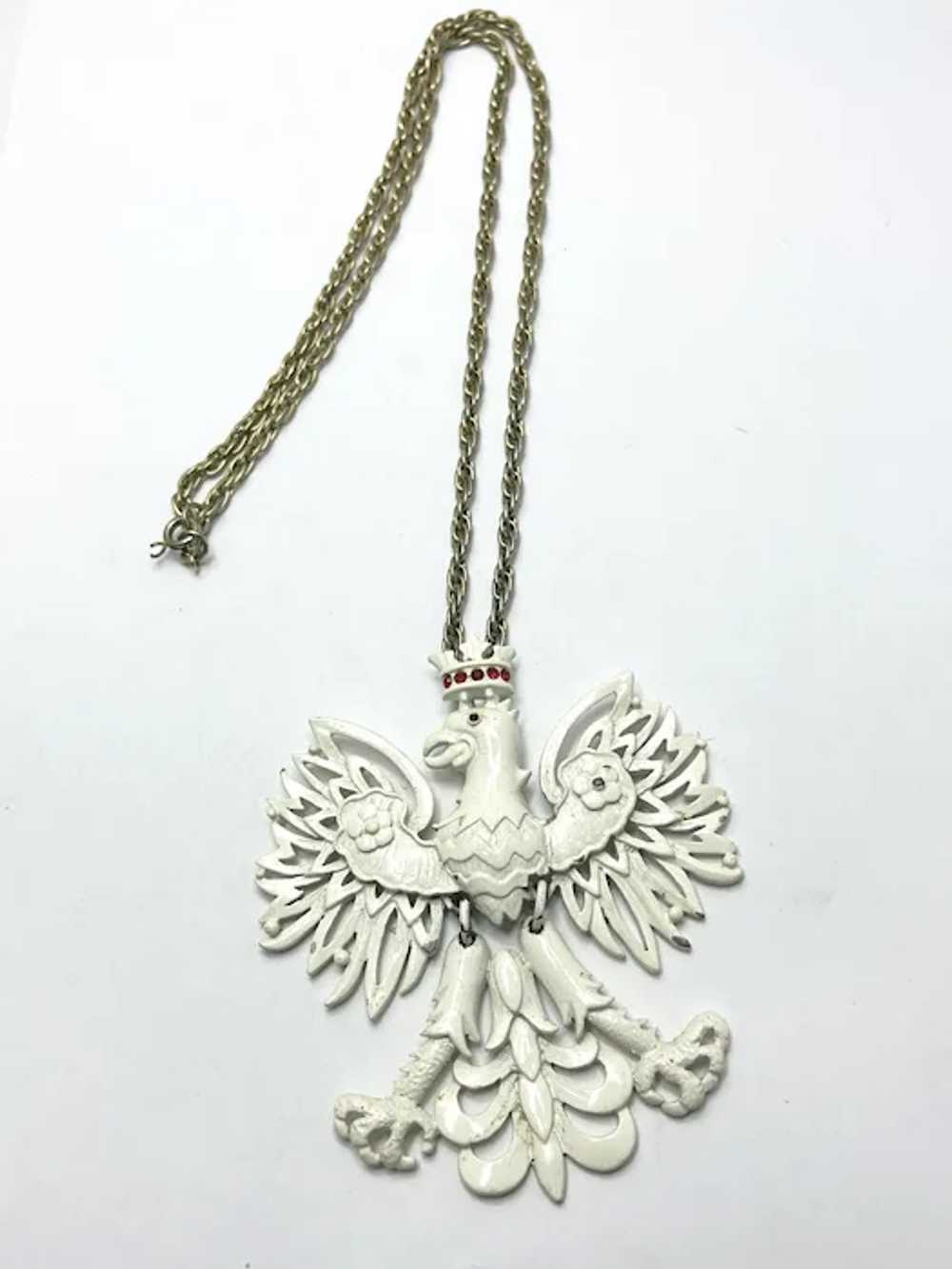 Vintage White Enamel Eagle Pendant Necklace - image 4