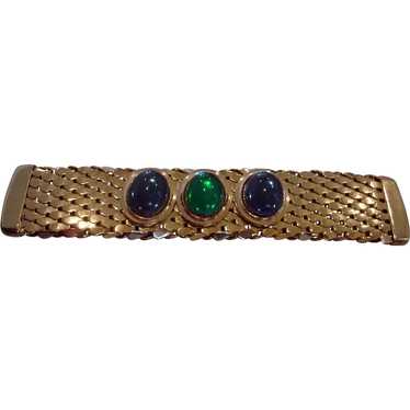 Vintage Gold Tone Bar Brooch with Green and Blue … - image 1