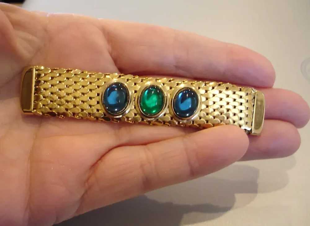 Vintage Gold Tone Bar Brooch with Green and Blue … - image 2