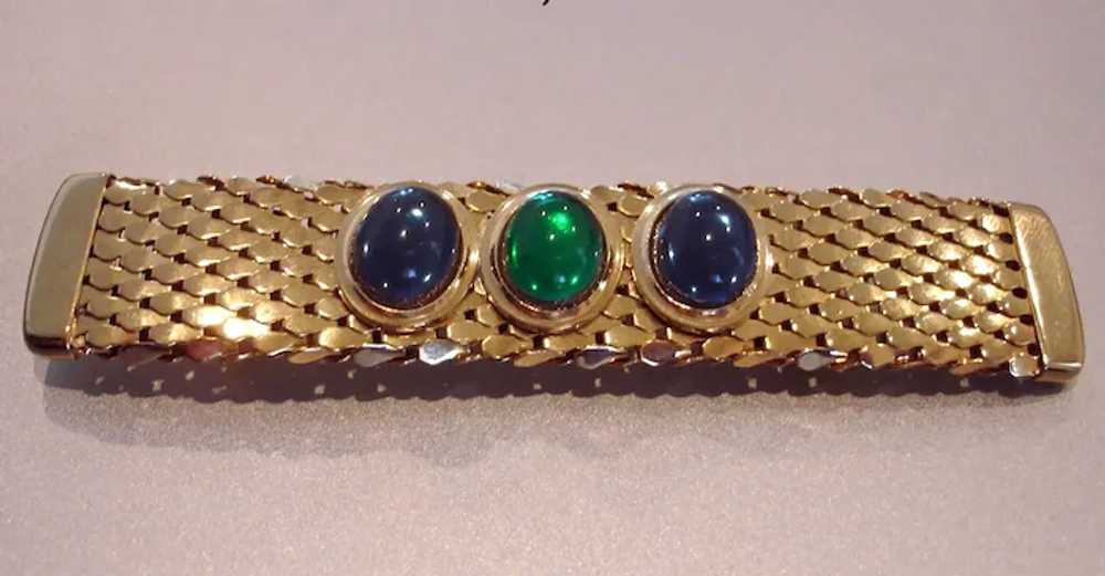 Vintage Gold Tone Bar Brooch with Green and Blue … - image 3