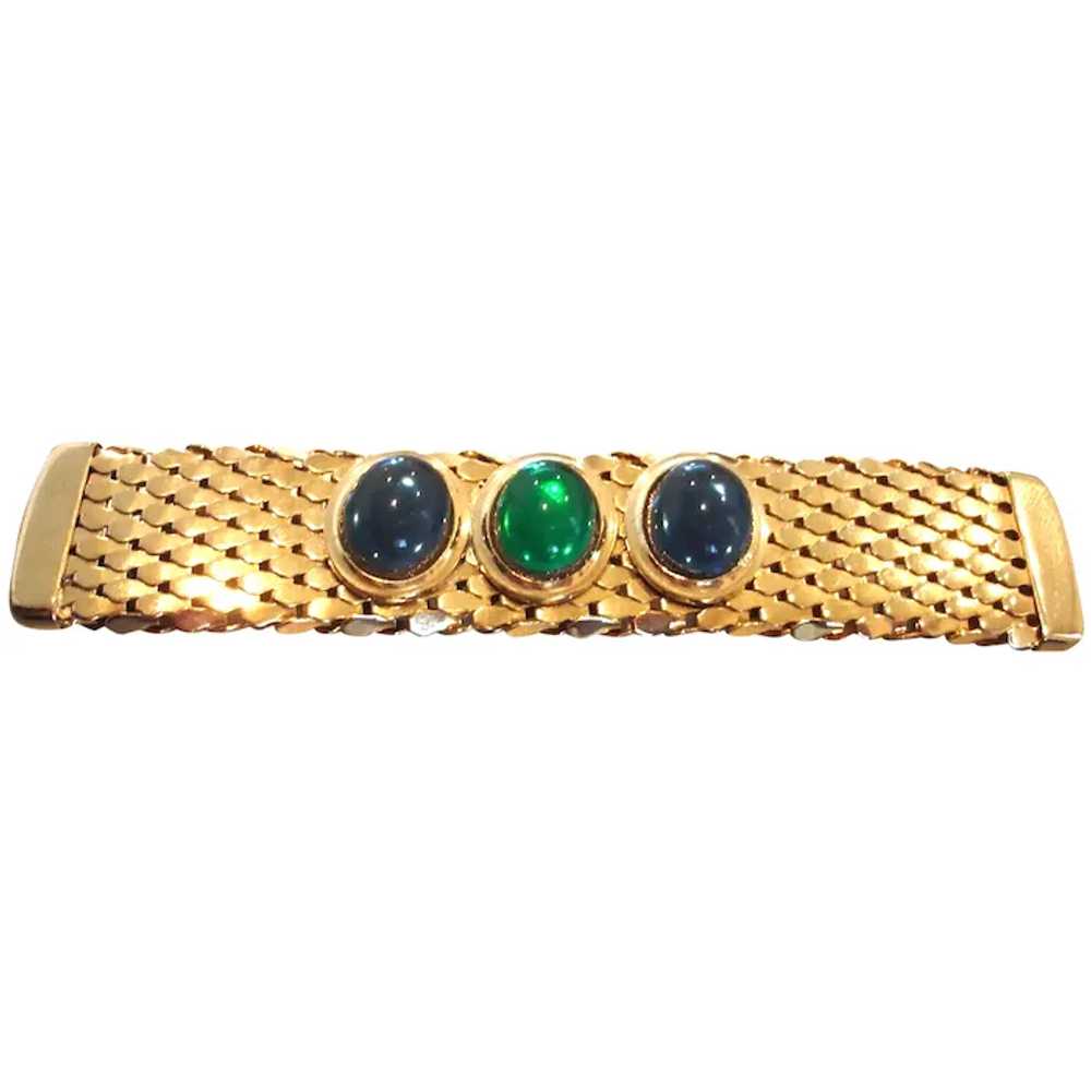Vintage Gold Tone Bar Brooch with Green and Blue … - image 7