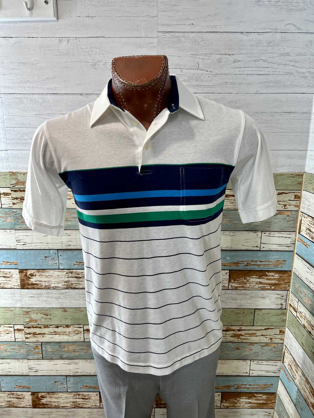 80’s Off White Blue Stripes Pattern Polo Shirt By… - image 1