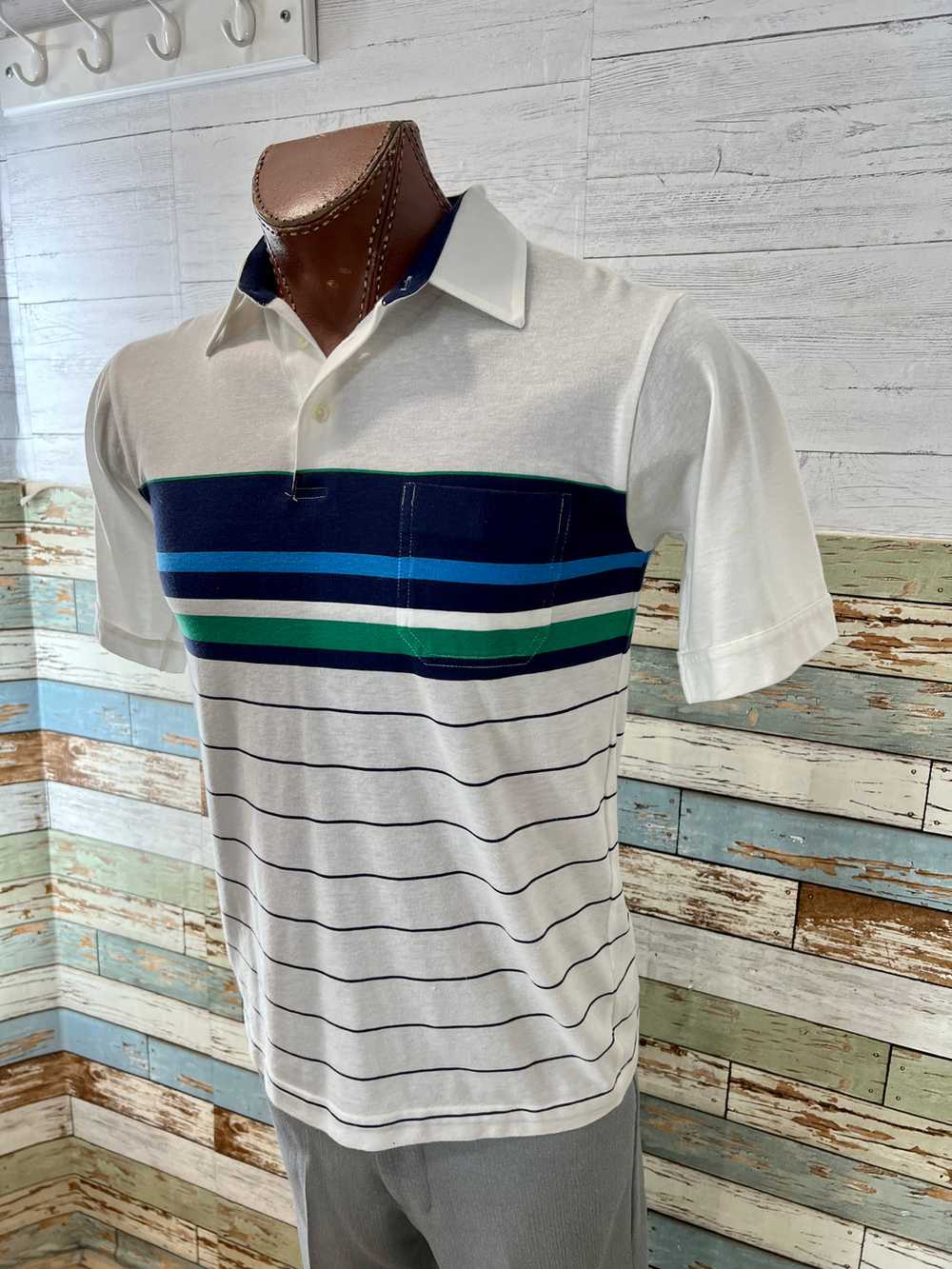 80’s Off White Blue Stripes Pattern Polo Shirt By… - image 2