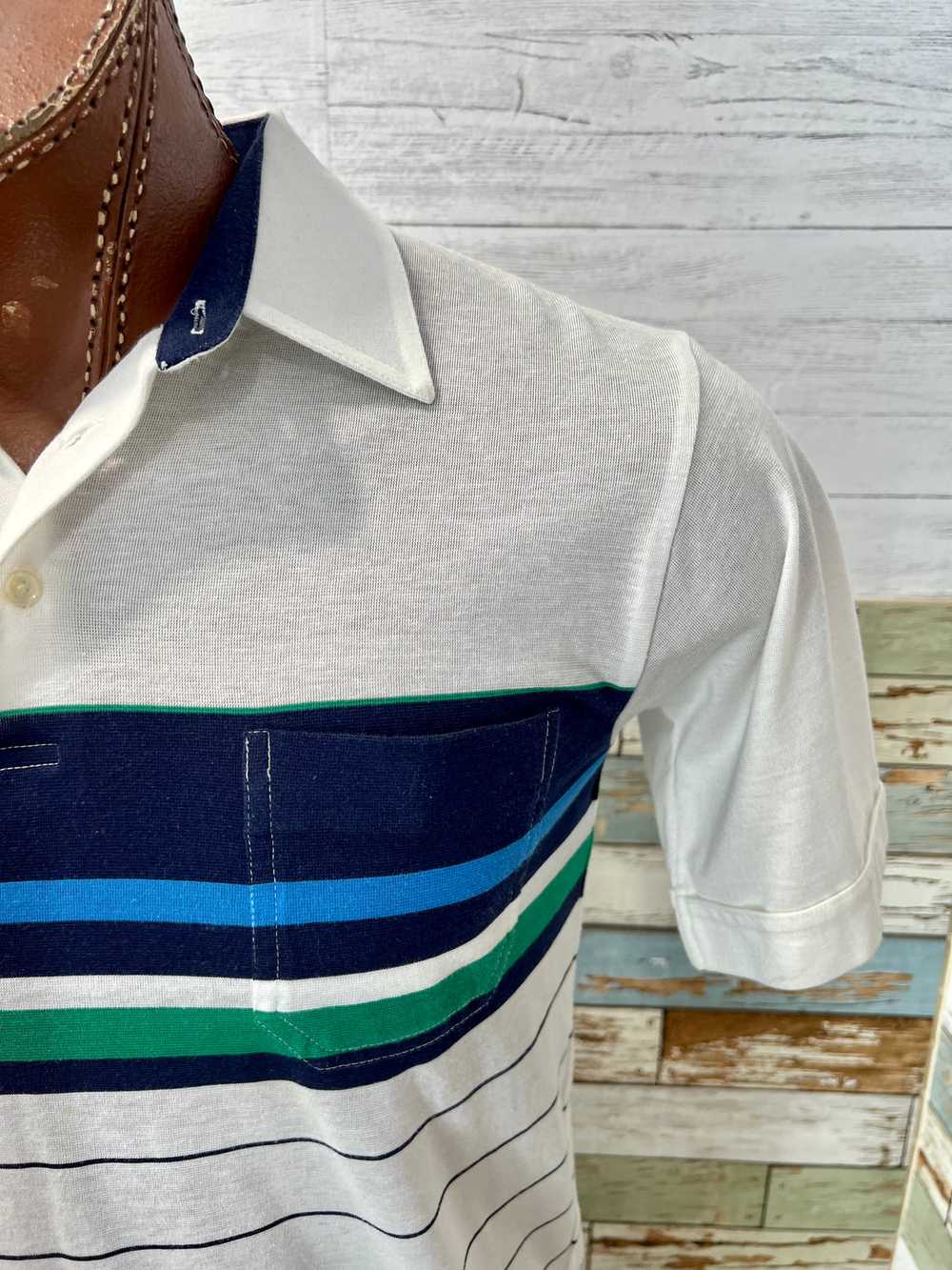 80’s Off White Blue Stripes Pattern Polo Shirt By… - image 3